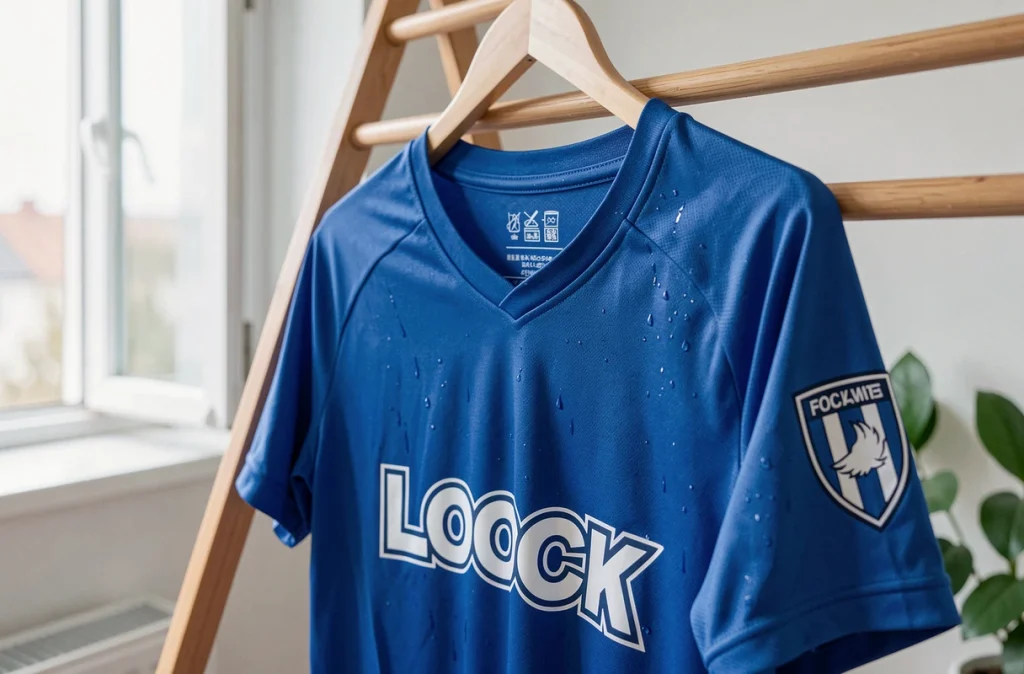 Gros plan d'un maillot Blue Lock suspendu sur un séchoir en bois près d'une fenêtre, séchage à l'air dans un appartement scandinave