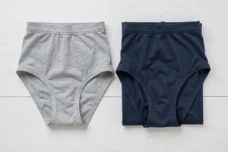 Comparaison entre un slip kangourou et un boxer classique pour homme, posés côte à côte sur une surface en bois blanc