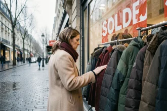 Femme faisant du shopping lors des soldes d'hiver devant une vitrine de grand magasin parisien avec des affiches rouges de promotions