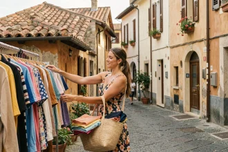Femme faisant du shopping en soldes dans une petite boutique d'une rue pavée d'une ville italienne méconnue
