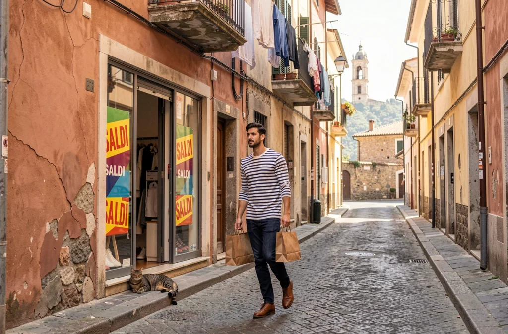 Jeune homme sortant d'une boutique de mode en soldes dans une rue ensoleillée d'une ville italienne du sud