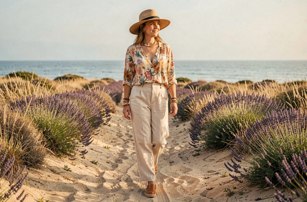 Femme en blouse fleurie bohème et pantalon lin avec espadrilles en cuir et chapeau de paille sur un chemin côtier dans le sud de la France