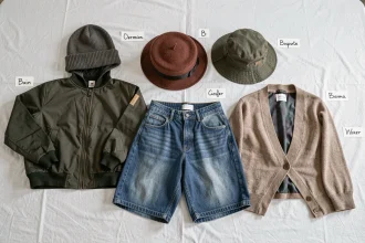 Vue de dessus d'une sélection de sept vêtements commençant par la lettre B, disposés en flat lay sur fond blanc avec des étiquettes manuscrites