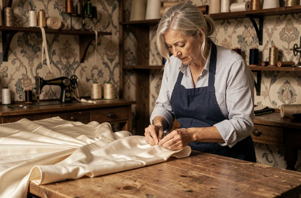 Tailleuse de 1900 Ma Belle cousant à la main une robe de soirée en soie dans un atelier vintage