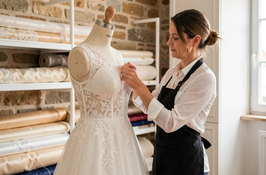 Tailleuse d'Adimo by Crinoligne épinglant une robe de mariée sur mesure dans son atelier