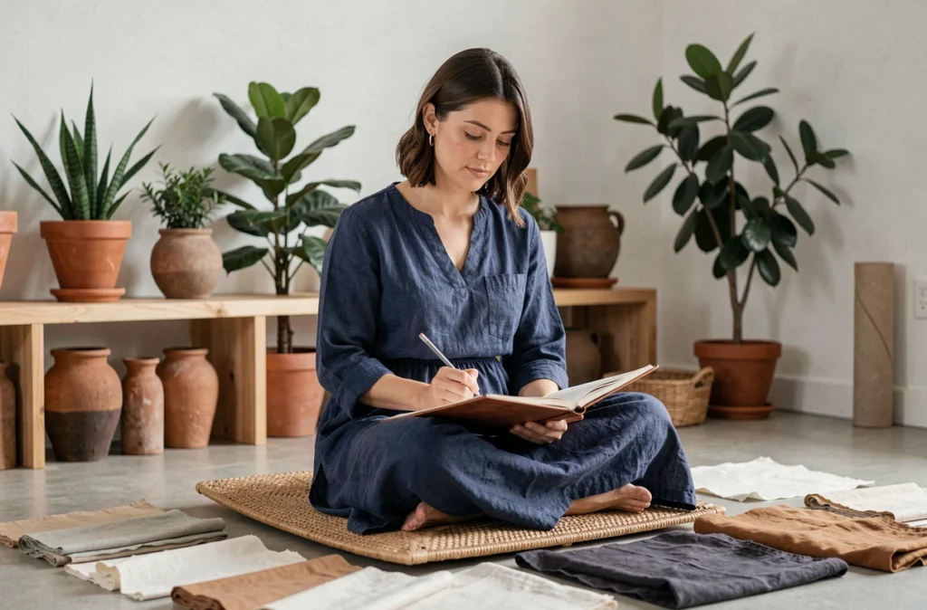 Créatrice d'Atman en robe en lin indigo esquissant un modèle dans un atelier minimaliste aux tons naturels