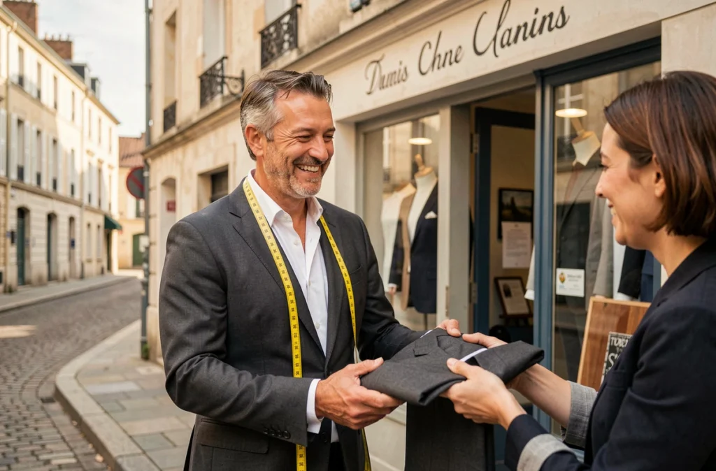 Tailleur de Bore Riant accueillant un client à l'entrée de sa boutique de retouches en Seine-Saint-Denis