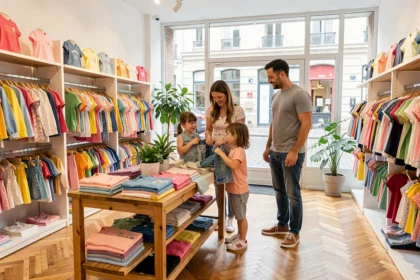 Famille parcourant une boutique de vêtements pour enfants en Centre-Val de Loire, avec des rayons colorés et un intérieur moderne
