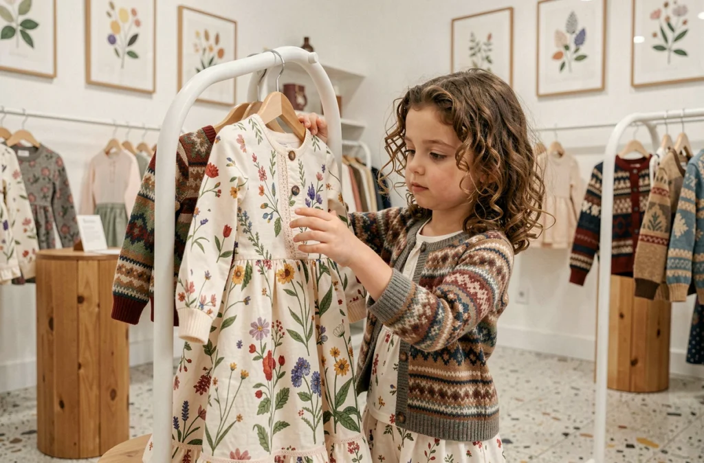 Boutique Catimini à Orléans, une fillette bouclée touchant une robe à imprimé botanique dans un magasin aux décors raffinés