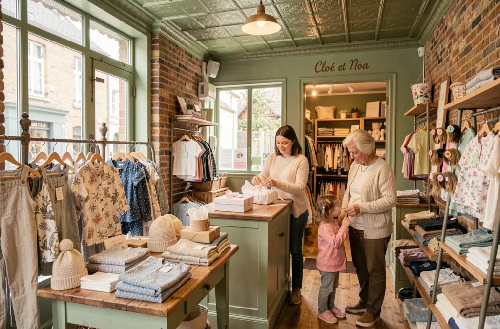 Boutique Cloé et Noa à Sully-sur-Loire, une vendeuse emballant un cadeau pendant qu'une grand-mère et sa petite-fille découvrent les articles