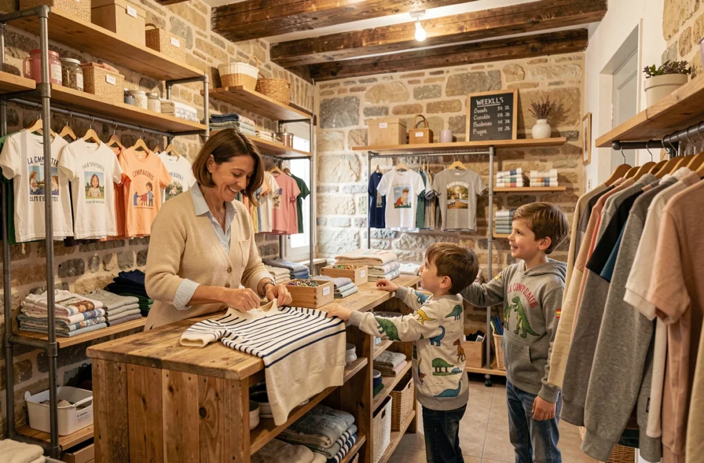 Boutique La Compagnie des Petits à Saint-Pierre-des-Corps, une vendeuse et des clients dans un magasin chaleureux aux murs en pierre