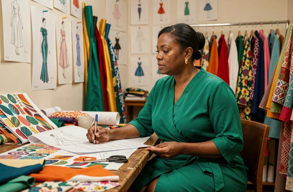 Corinne Diangana dans son atelier entourée de patrons de couture et de croquis de mode