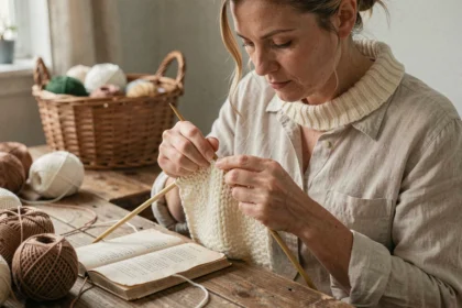 Femme débutante en tricot apprenant à réaliser un haut en travaillant les points techniques sur un col côtelé avec des aiguilles en bambou