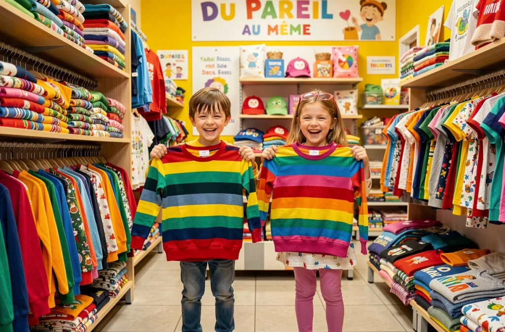 Boutique Du Pareil Au Même à Tours, deux enfants tenant des pulls rayés arc-en-ciel en riant dans un magasin coloré et animé
