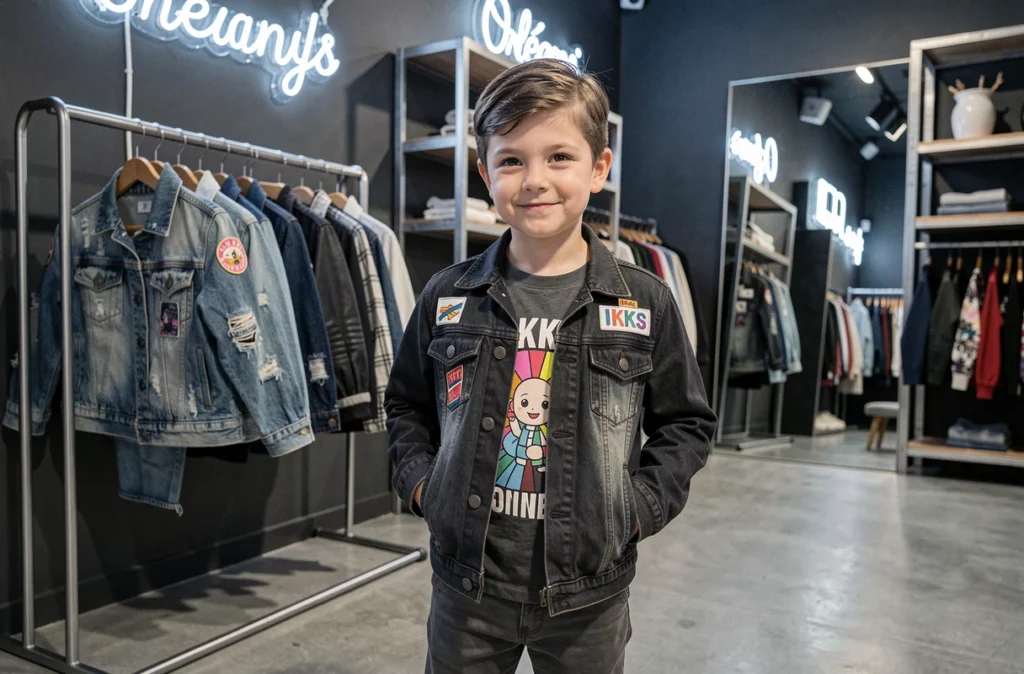 Boutique IKKS Junior à Orléans, un garçon en veste en jean branchée posant devant un miroir dans un magasin au style urbain