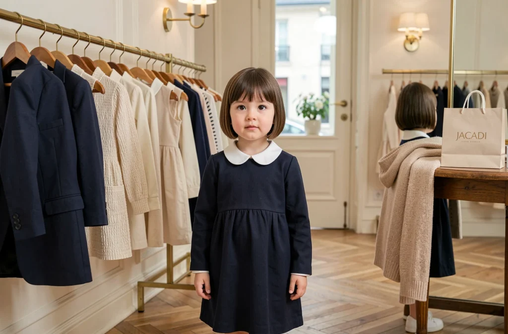 Intérieur élégant de la boutique Jacadi à Orléans, avec une petite fille en robe marine col Claudine devant un miroir