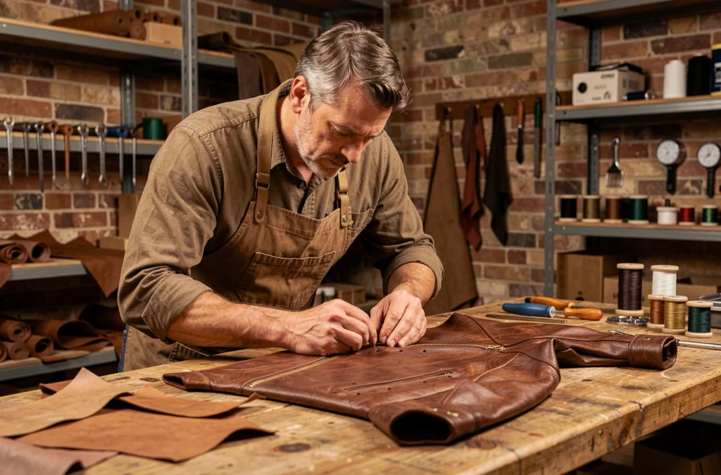 Artisan de Label Peaux cousant à la main une veste en cuir sur mesure dans un atelier aux murs en briques