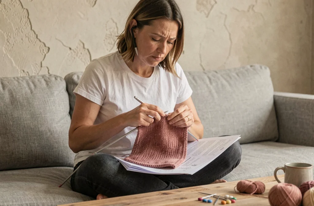 Femme débutante lisant un patron de tricot pour réaliser un haut, apprenant les points de base du tricot en suivant les instructions techniques