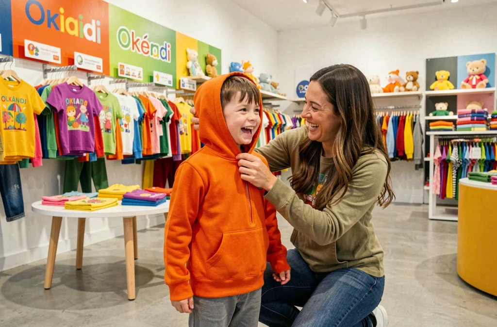 Boutique Okaidi à Orléans, un garçon essayant un sweat-shirt orange vif aidé par son parent parmi les rayons colorés