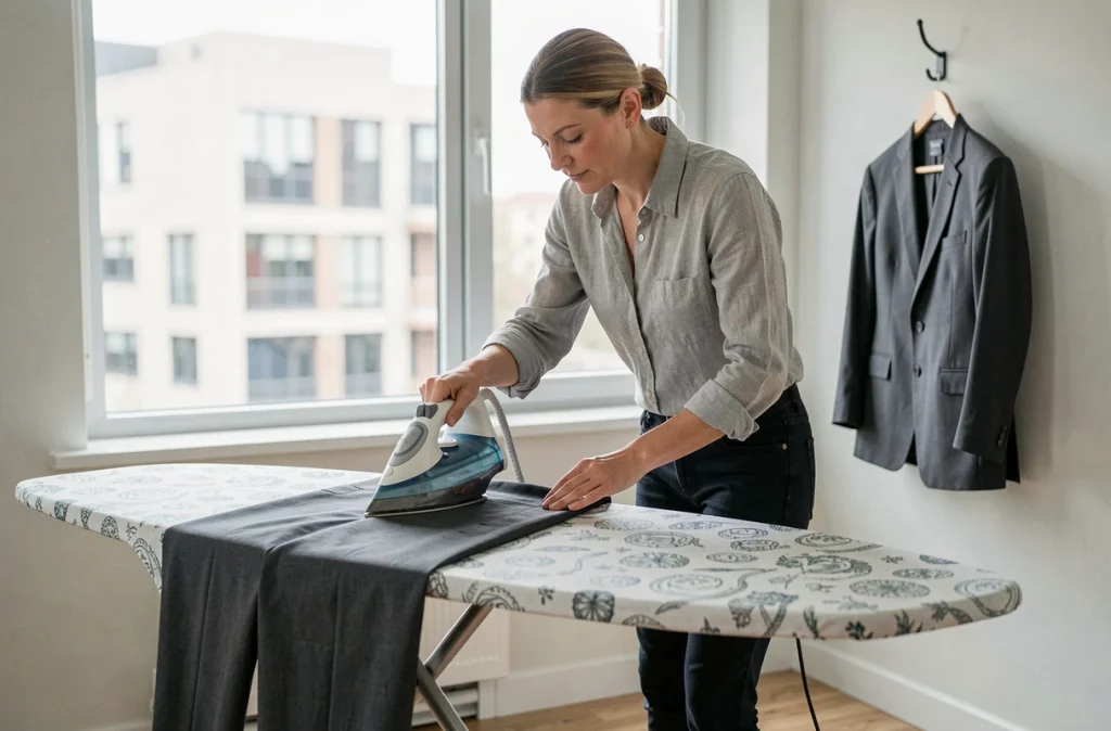Femme repassant le pantalon d'un costume gris anthracite dans un appartement moderne lumineux