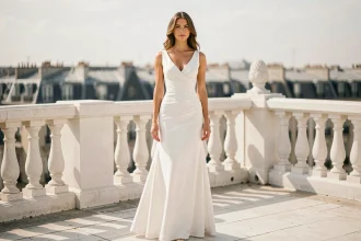 Femme en robe blanche longue et chic qui affine la silhouette, posant sur une terrasse parisienne ensoleillée