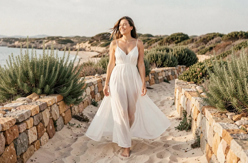 Femme en longue robe blanche fluide et chic se promenant sur un chemin de plage méditerranéen au style éditorial