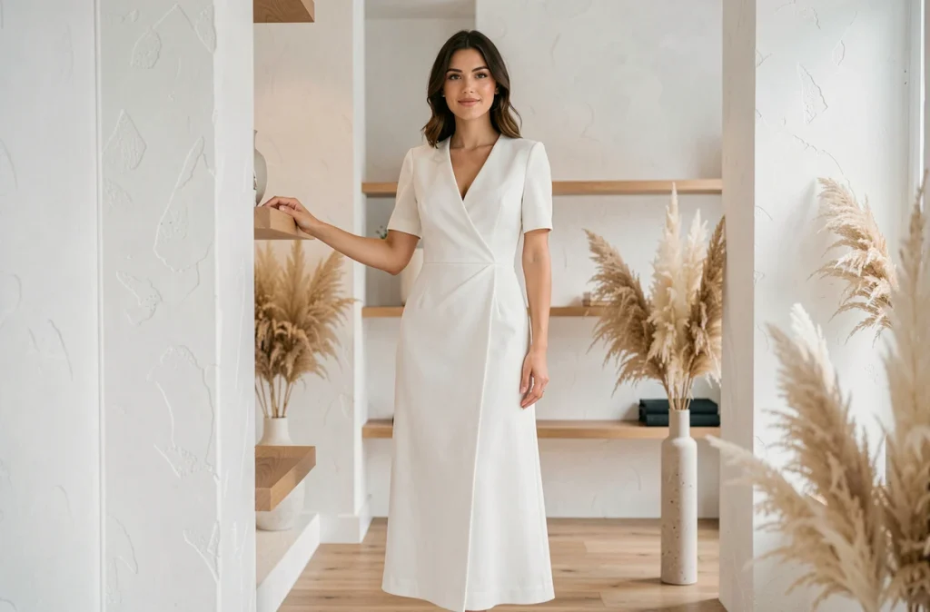 Robe longue blanche élégante à coupe affinante portée dans une boutique minimaliste au décor naturel