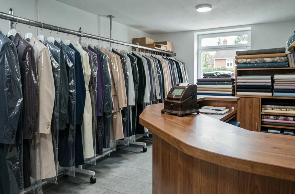 Intérieur du Sequoia Pressing avec des vêtements emballés suspendus sur rail et un comptoir d'accueil