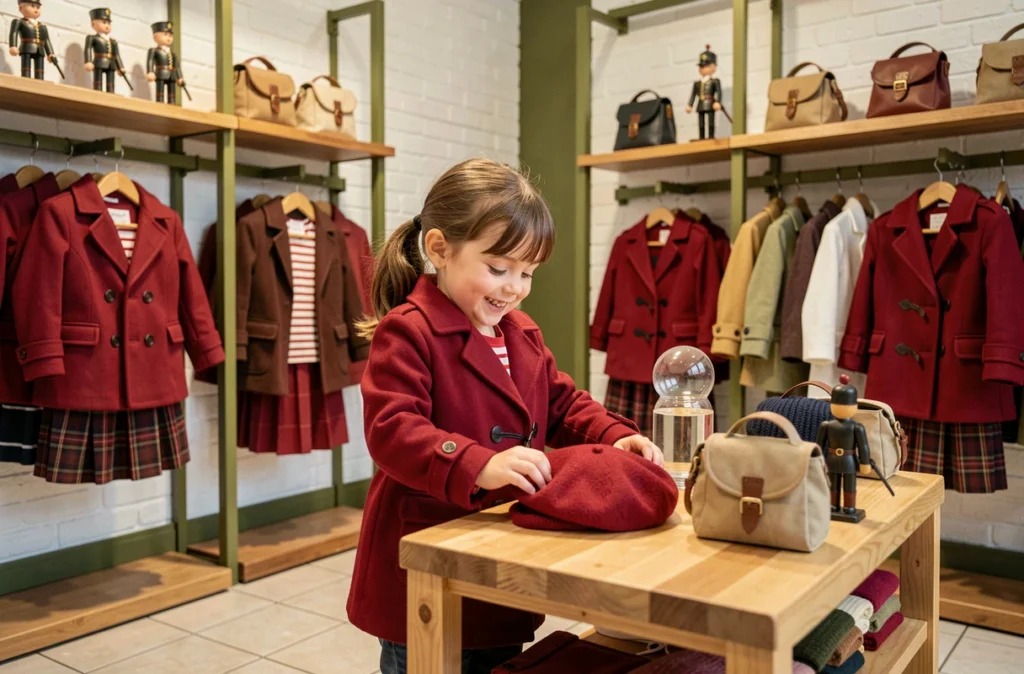 Boutique Sergent Major à Orléans, une fillette en manteau rouge duffle coat examinant un béret tricoté parmi les articles exposés