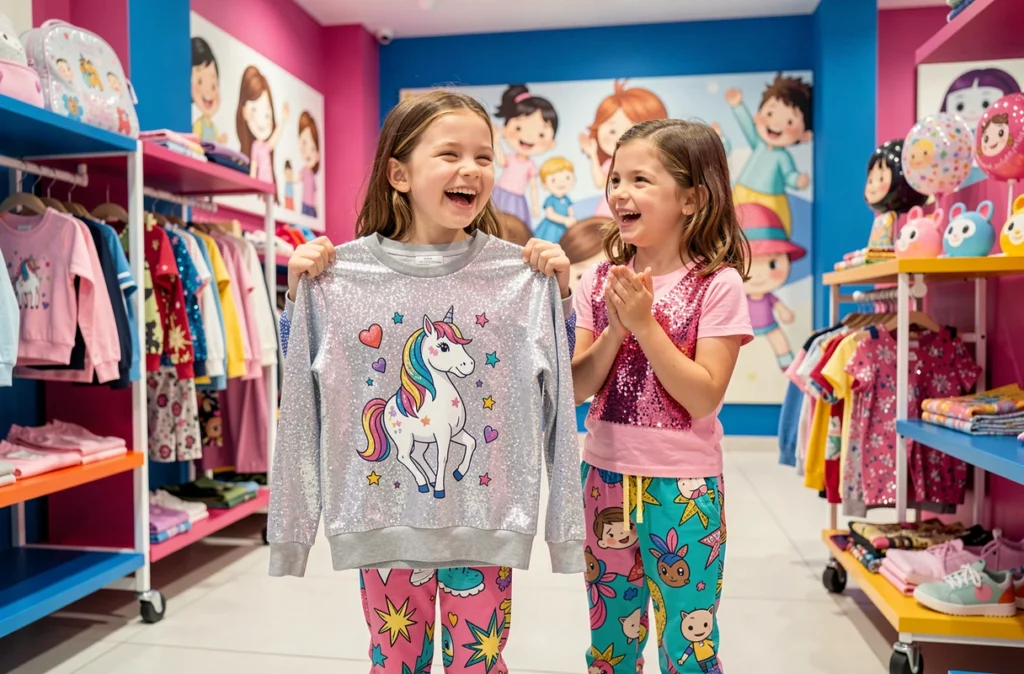 Boutique Tape à l'Œil à Orléans, deux fillettes s'amusant avec un sweat-shirt à imprimé licorne pailleté dans un magasin coloré