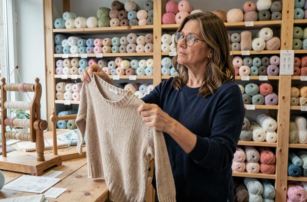 Femme vérifiant la tension et la régularité des mailles d'un haut tricoté en boutique spécialisée, technique essentielle pour les grandes débutantes