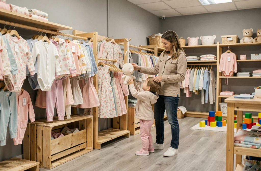 Boutique Vertbaudet à Tours, une mère et sa petite fille explorant des rayons de vêtements et accessoires bébé colorés