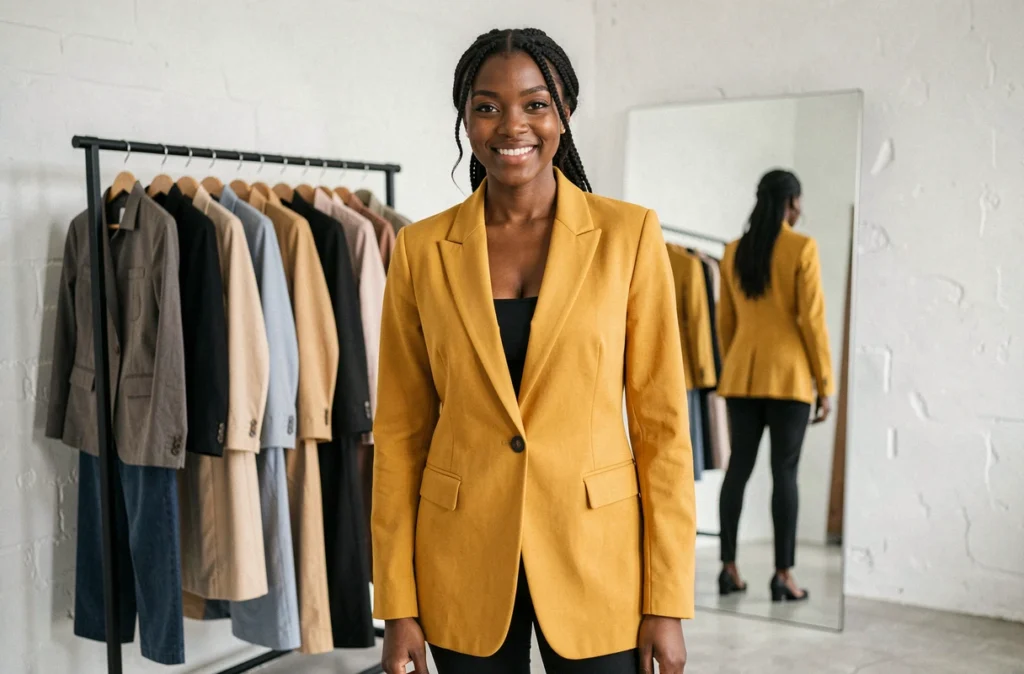 Whitney Innocent présentant un blazer tailleur moutarde de sa création dans son studio de couture