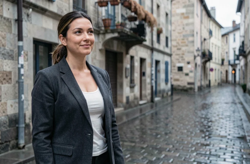 Femme au regard pensif en veste structurée sur des pavés mouillés d'une ruelle européenne, portrait éditorial authentique
