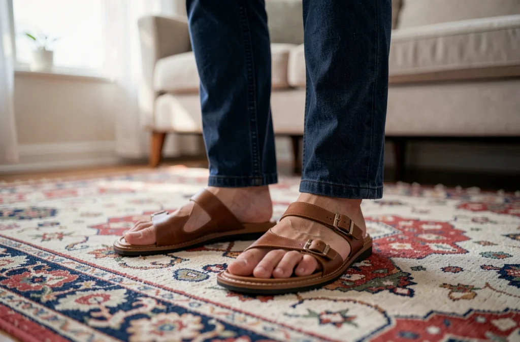 Pieds portant des sandales neuves à la maison pour le rodage