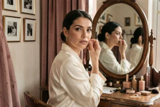 Portrait intime d'une femme élégante devant un miroir vintage dans une loge parisienne, entre glamour et authenticité