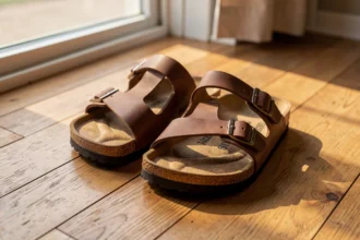 Sandales à semelle de liège posées sur un parquet clair